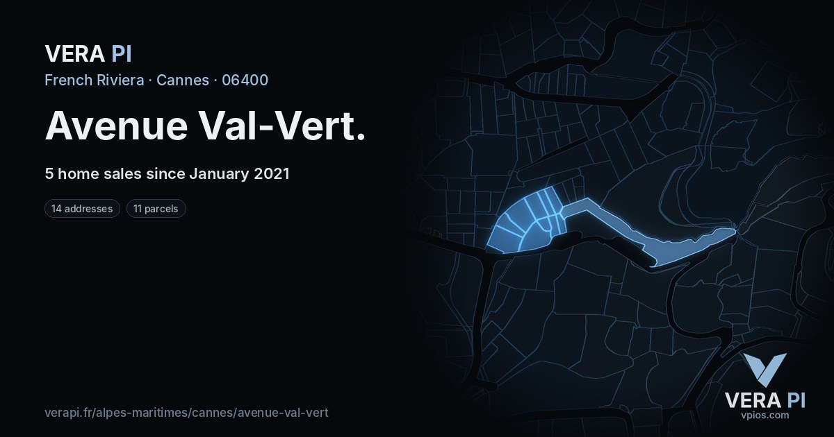 Avenue Val-Vert, Cannes at night – every parcel coloured by the prices around it, the street's own parcels lit
