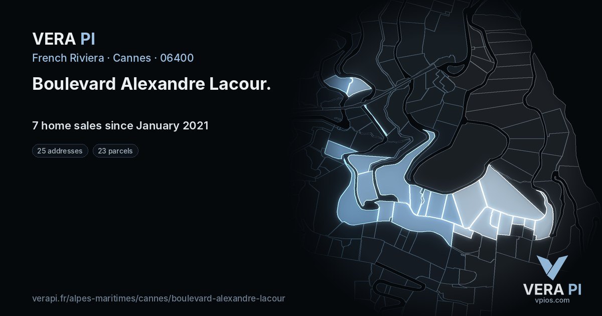 Boulevard Alexandre Lacour, Cannes at night – every parcel coloured by the prices around it, the street's own parcels lit