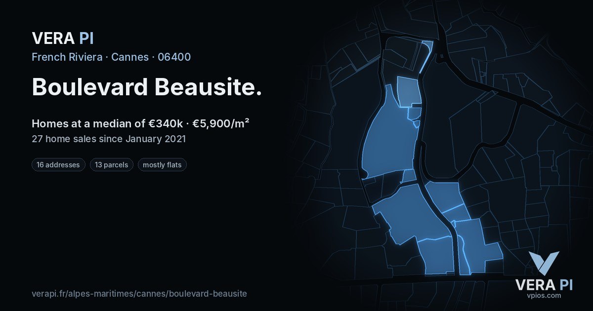 Boulevard Beausite, Cannes at night – every parcel coloured by the prices around it, the street's own parcels lit