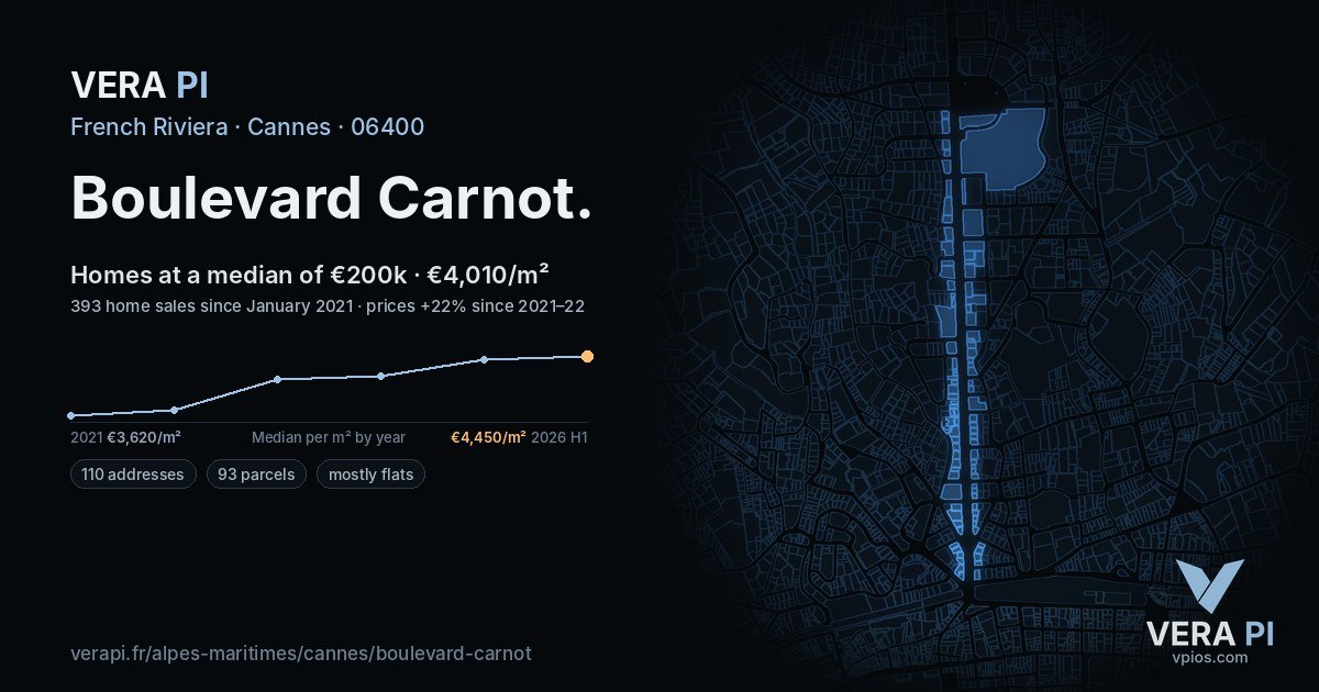 Boulevard Carnot, Cannes at night – every parcel coloured by the prices around it, the street's own parcels lit