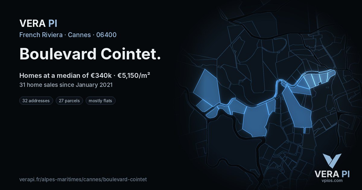 Boulevard Cointet, Cannes at night – every parcel coloured by the prices around it, the street's own parcels lit