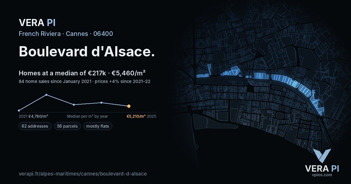 Boulevard d'Alsace, Cannes at night – every parcel coloured by the prices around it, the street's own parcels lit