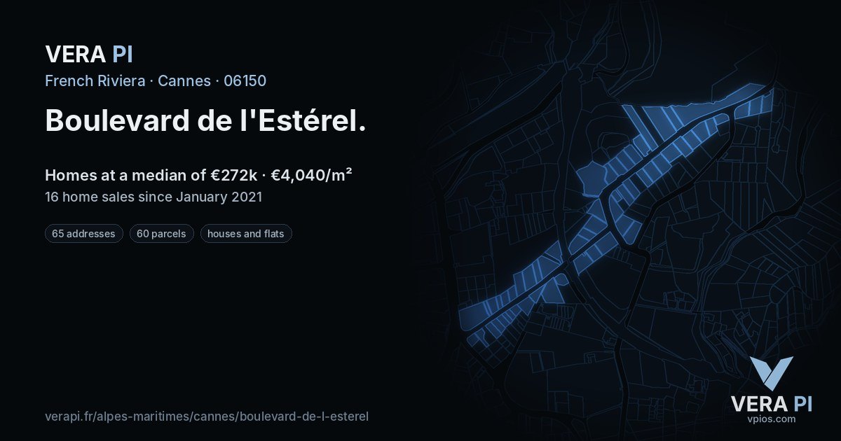 Boulevard de l'Estérel, Cannes at night – every parcel coloured by the prices around it, the street's own parcels lit