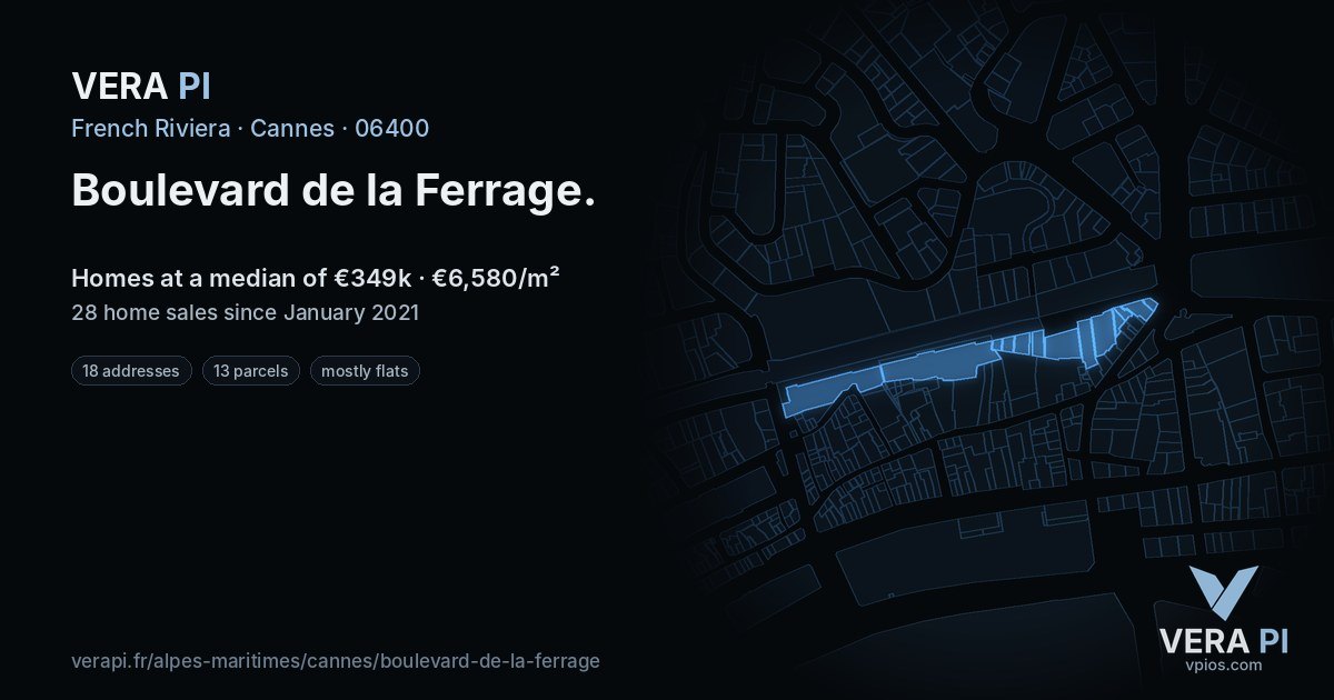 Boulevard de la Ferrage, Cannes at night – every parcel coloured by the prices around it, the street's own parcels lit