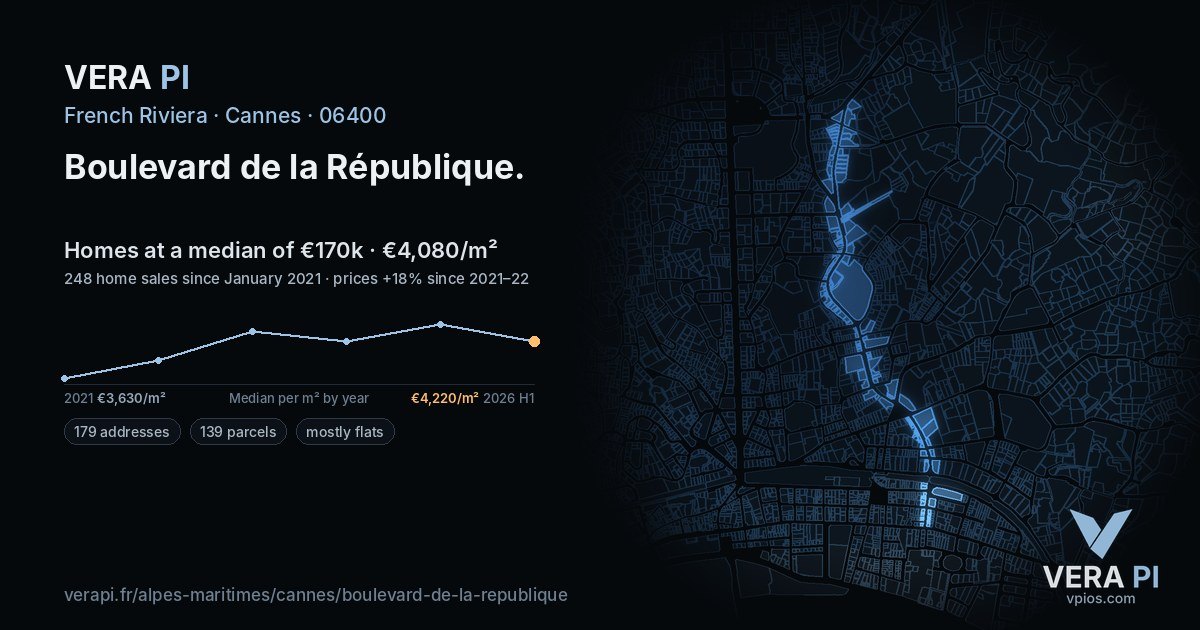 Boulevard de la République, Cannes at night – every parcel coloured by the prices around it, the street's own parcels lit