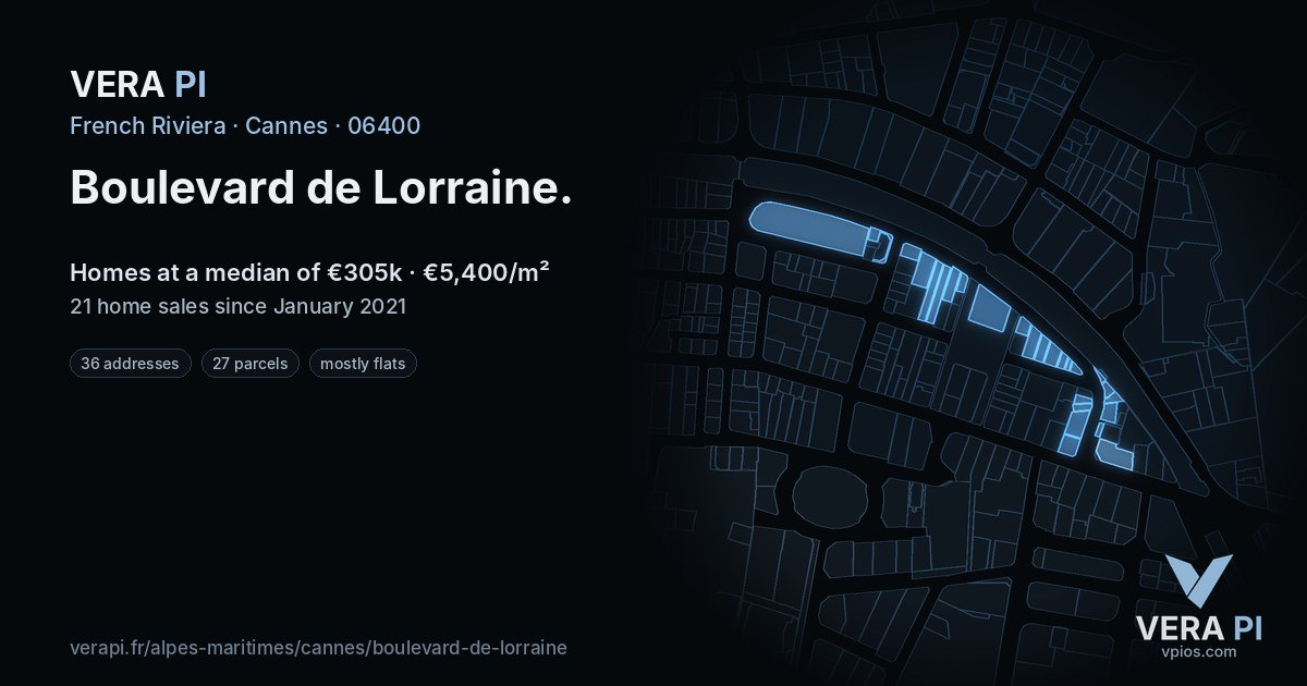 Boulevard de Lorraine, Cannes at night – every parcel coloured by the prices around it, the street's own parcels lit