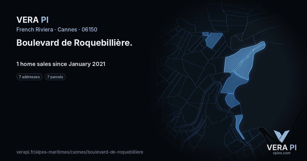 Boulevard de Roquebillière, Cannes at night – every parcel coloured by the prices around it, the street's own parcels lit
