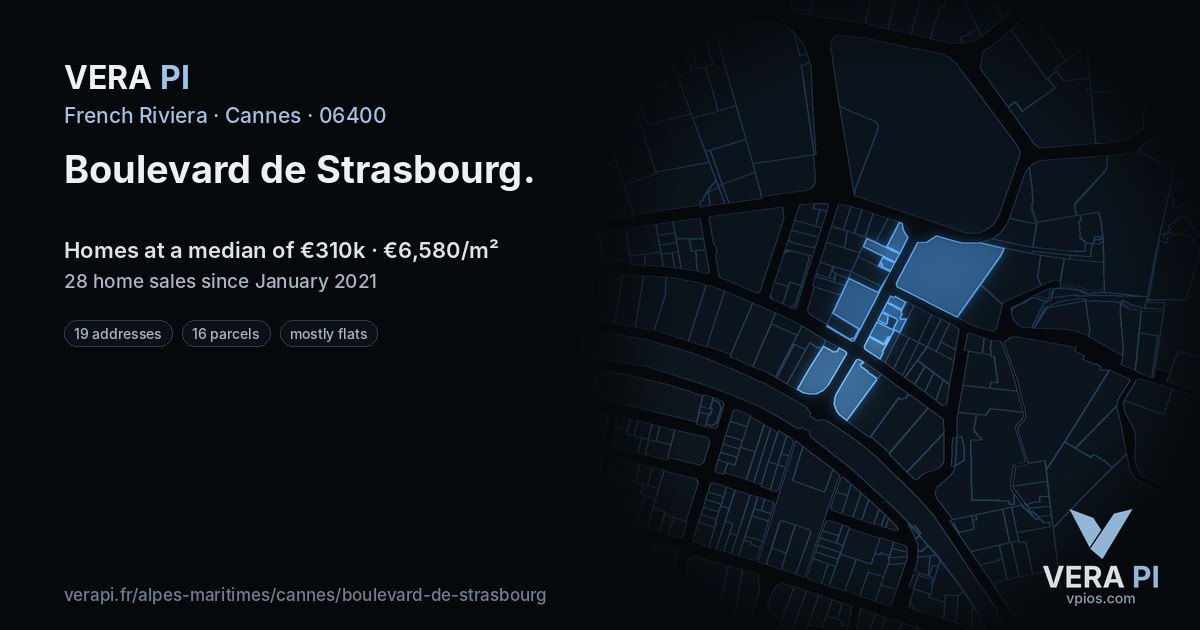 Boulevard de Strasbourg, Cannes at night – every parcel coloured by the prices around it, the street's own parcels lit