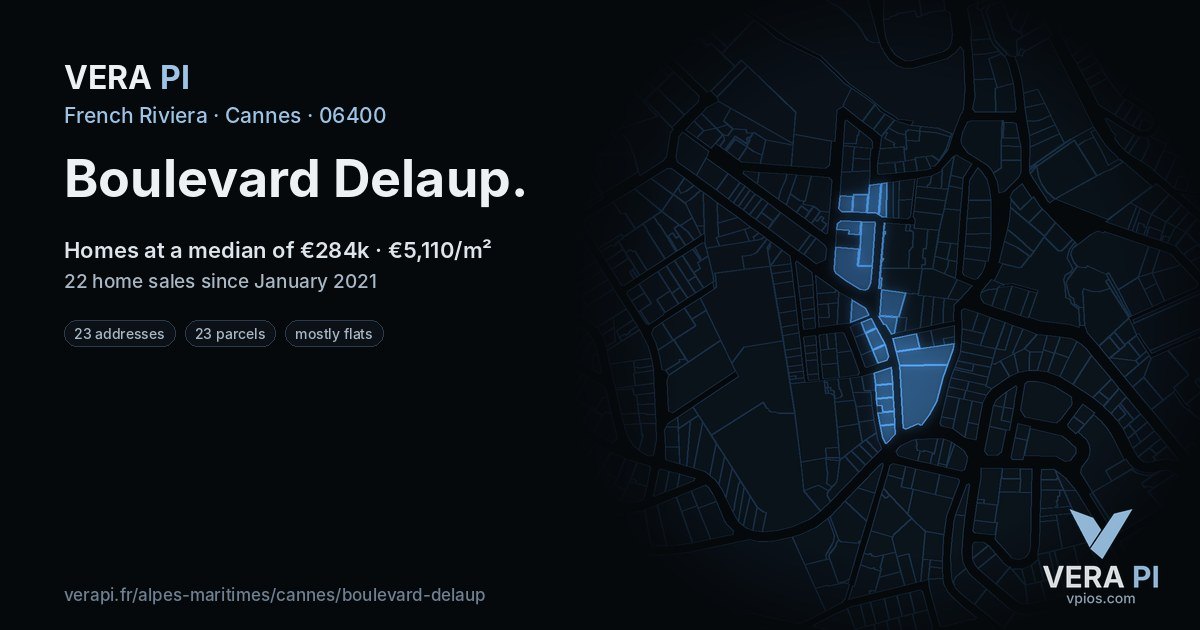 Boulevard Delaup, Cannes at night – every parcel coloured by the prices around it, the street's own parcels lit