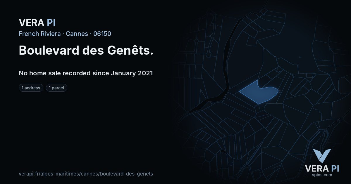 Boulevard des Genêts, Cannes at night – every parcel coloured by the prices around it, the street's own parcels lit