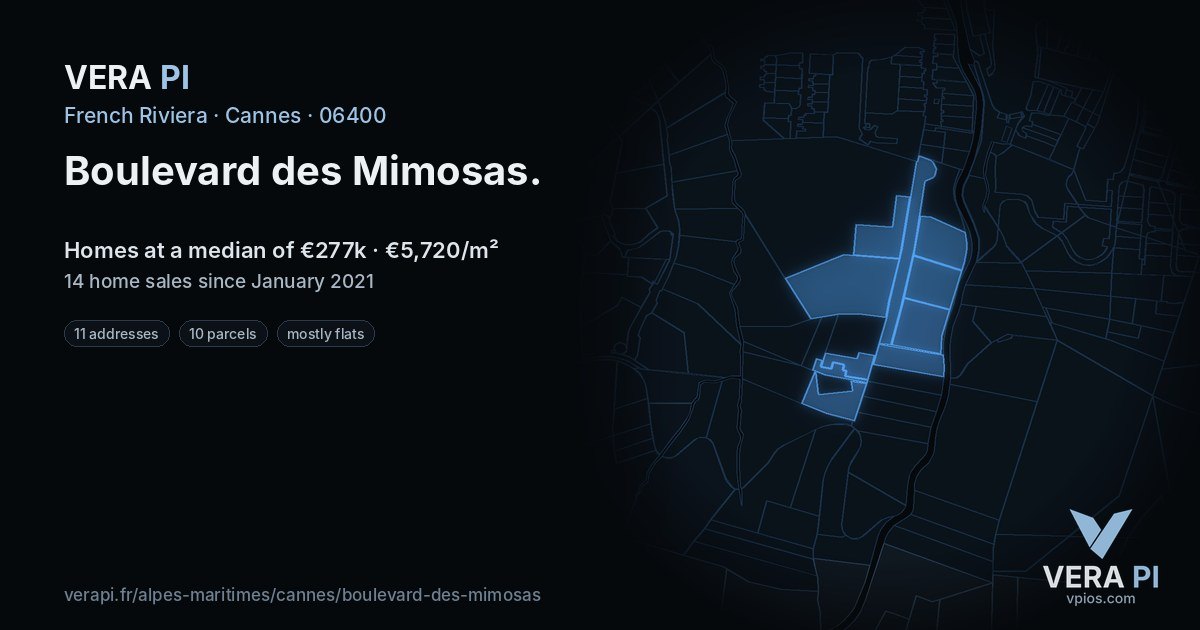 Boulevard des Mimosas, Cannes at night – every parcel coloured by the prices around it, the street's own parcels lit