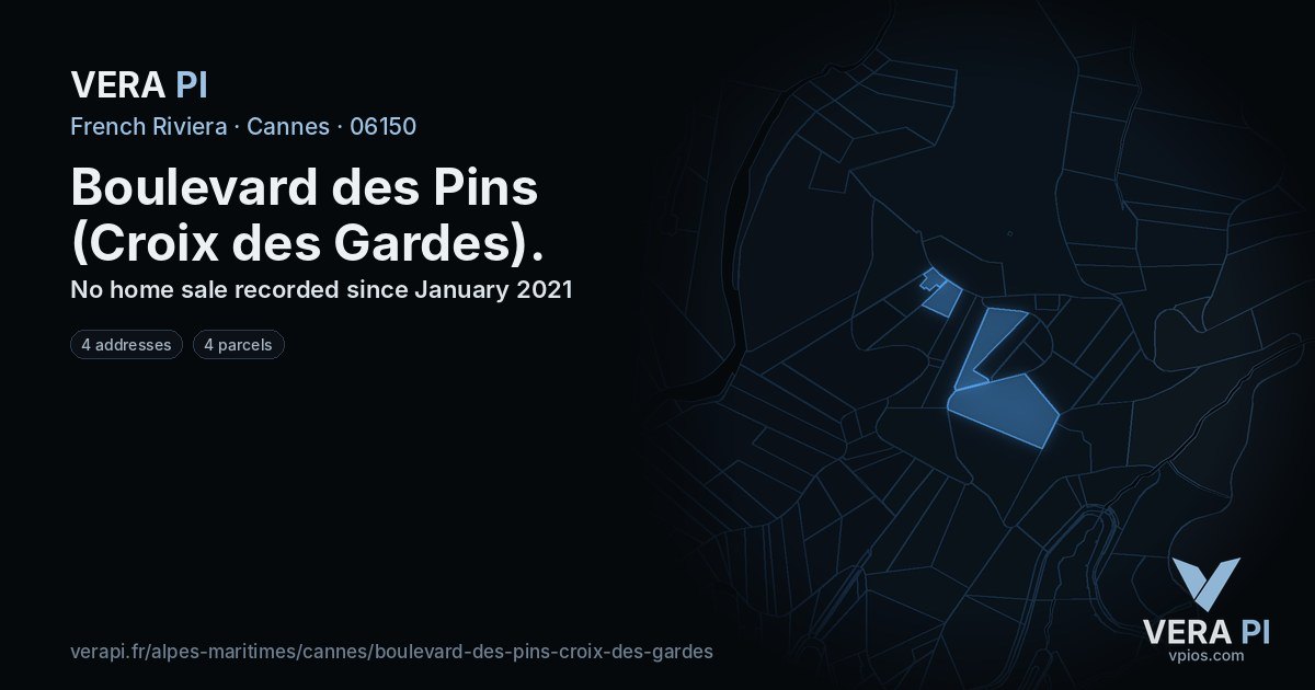Boulevard des Pins (Croix des Gardes), Cannes at night – every parcel coloured by the prices around it, the street's own parcels lit