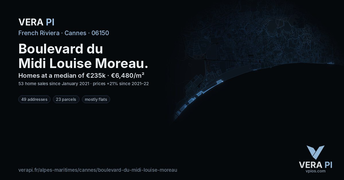 Boulevard du Midi Louise Moreau, Cannes at night – every parcel coloured by the prices around it, the street's own parcels lit