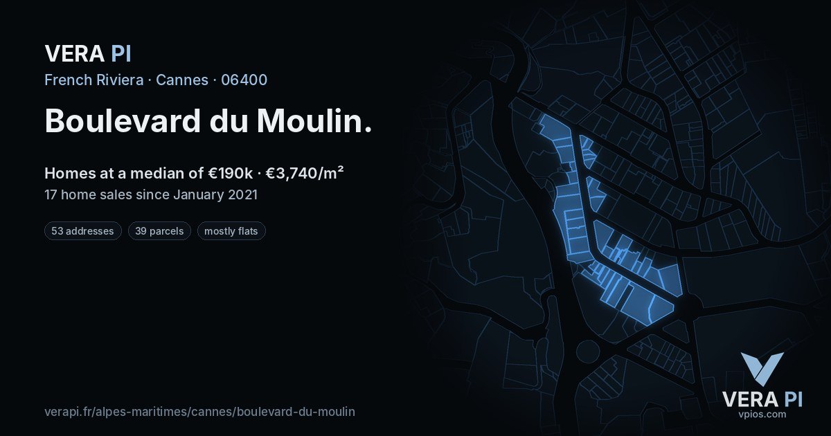 Boulevard du Moulin, Cannes at night – every parcel coloured by the prices around it, the street's own parcels lit