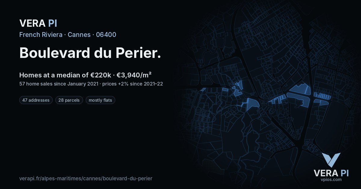Boulevard du Perier, Cannes at night – every parcel coloured by the prices around it, the street's own parcels lit