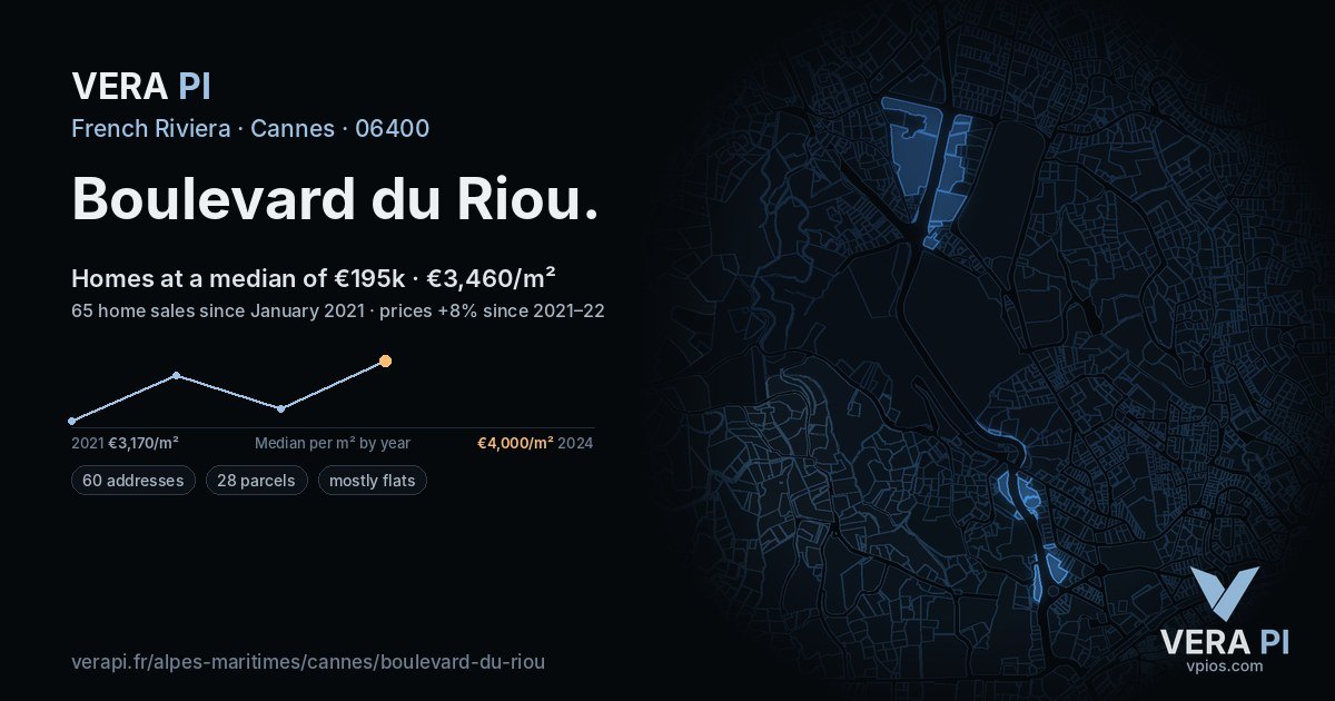 Boulevard du Riou, Cannes at night – every parcel coloured by the prices around it, the street's own parcels lit