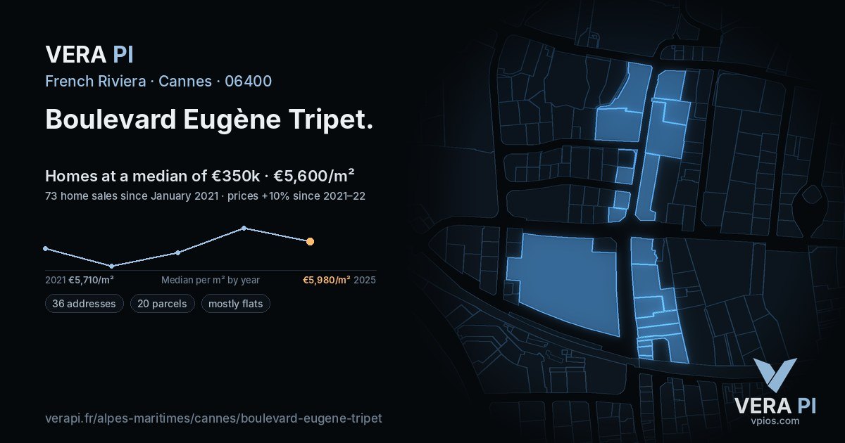 Boulevard Eugène Tripet, Cannes at night – every parcel coloured by the prices around it, the street's own parcels lit