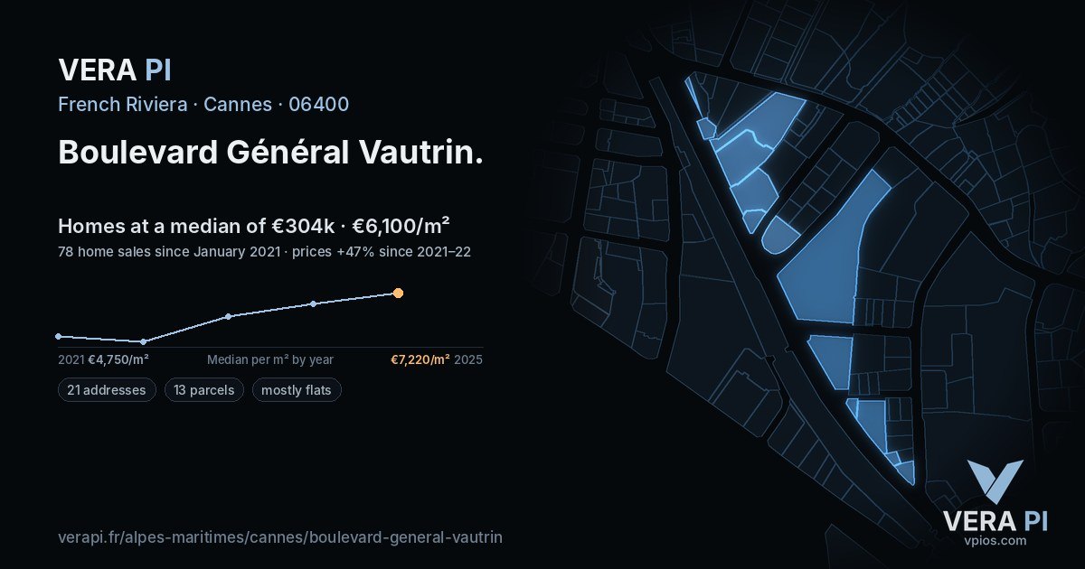 Boulevard Général Vautrin, Cannes at night – every parcel coloured by the prices around it, the street's own parcels lit