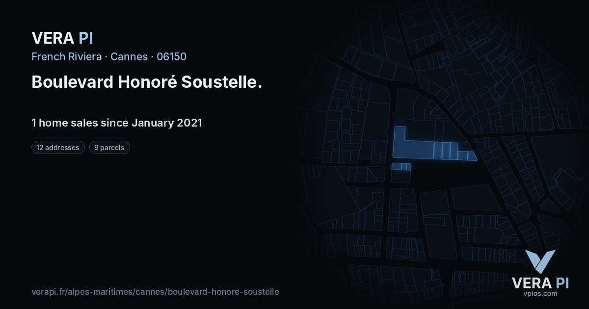 Boulevard Honoré Soustelle, Cannes at night – every parcel coloured by the prices around it, the street's own parcels lit