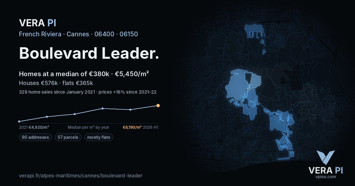 Boulevard Leader, Cannes at night – every parcel coloured by the prices around it, the street's own parcels lit