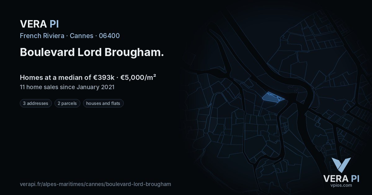 Boulevard Lord Brougham, Cannes at night – every parcel coloured by the prices around it, the street's own parcels lit