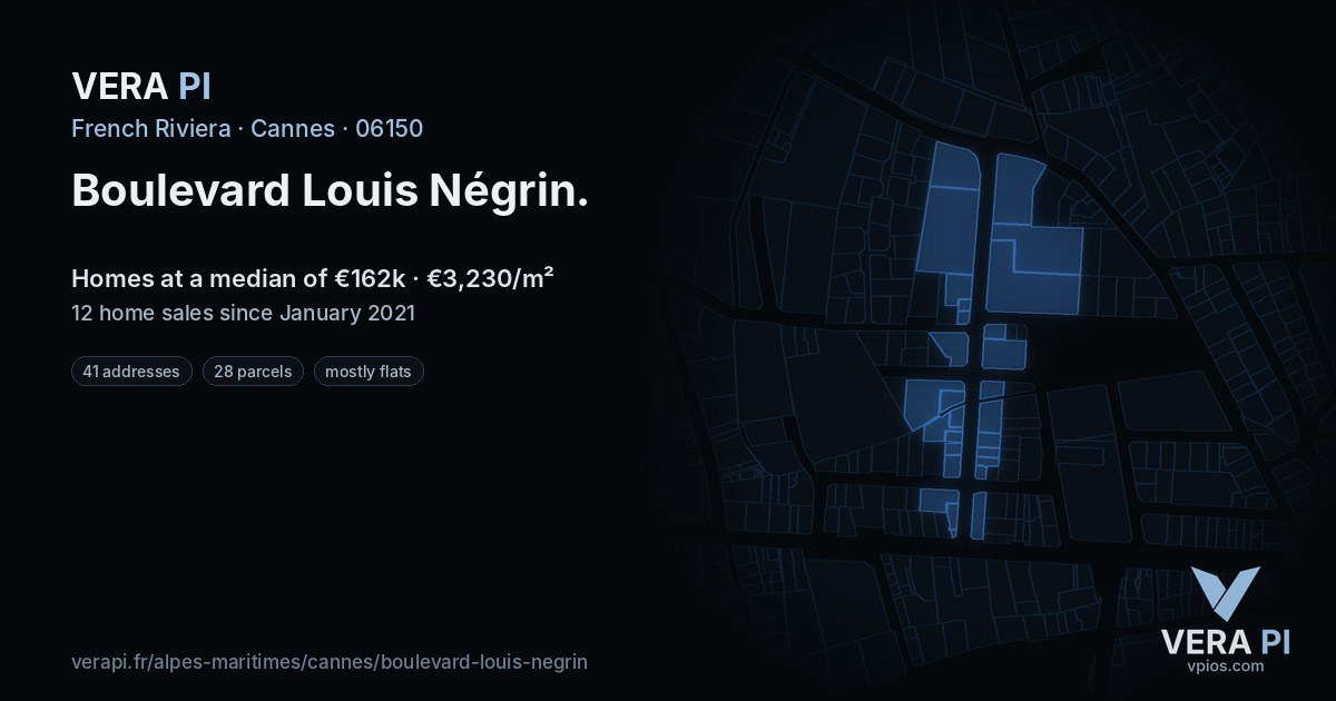 Boulevard Louis Négrin, Cannes at night – every parcel coloured by the prices around it, the street's own parcels lit