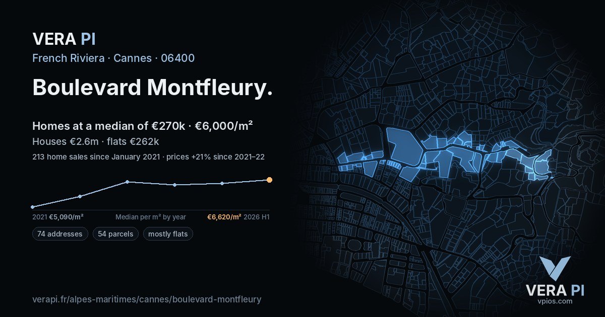 Boulevard Montfleury, Cannes at night – every parcel coloured by the prices around it, the street's own parcels lit