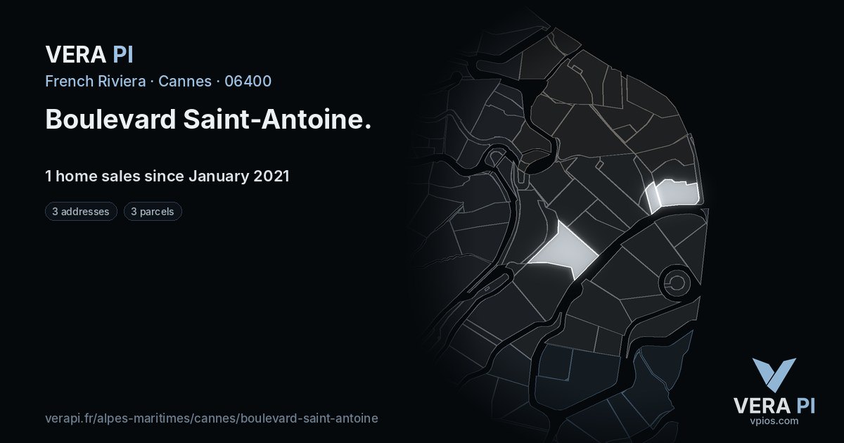 Boulevard Saint-Antoine, Cannes at night – every parcel coloured by the prices around it, the street's own parcels lit