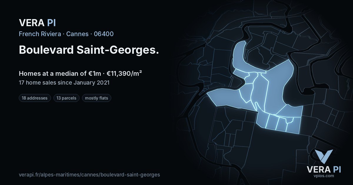 Boulevard Saint-Georges, Cannes at night – every parcel coloured by the prices around it, the street's own parcels lit