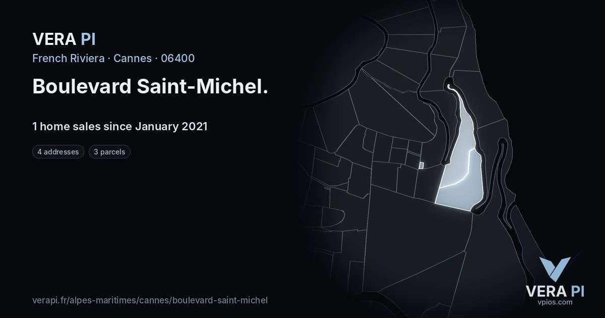 Boulevard Saint-Michel, Cannes at night – every parcel coloured by the prices around it, the street's own parcels lit