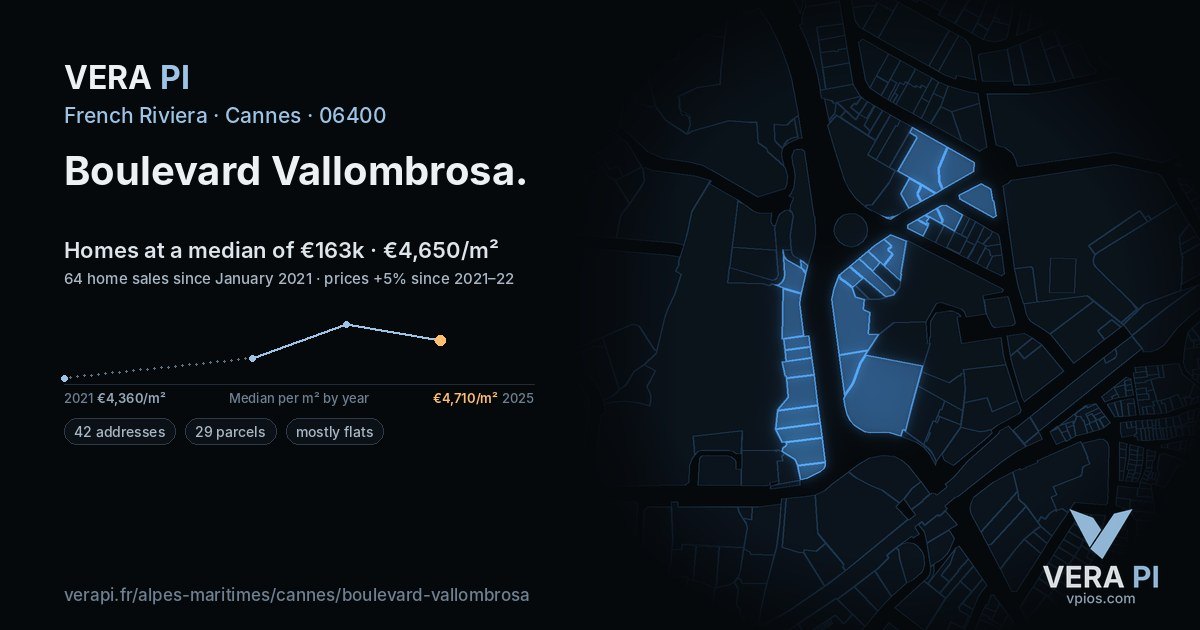 Boulevard Vallombrosa, Cannes at night – every parcel coloured by the prices around it, the street's own parcels lit