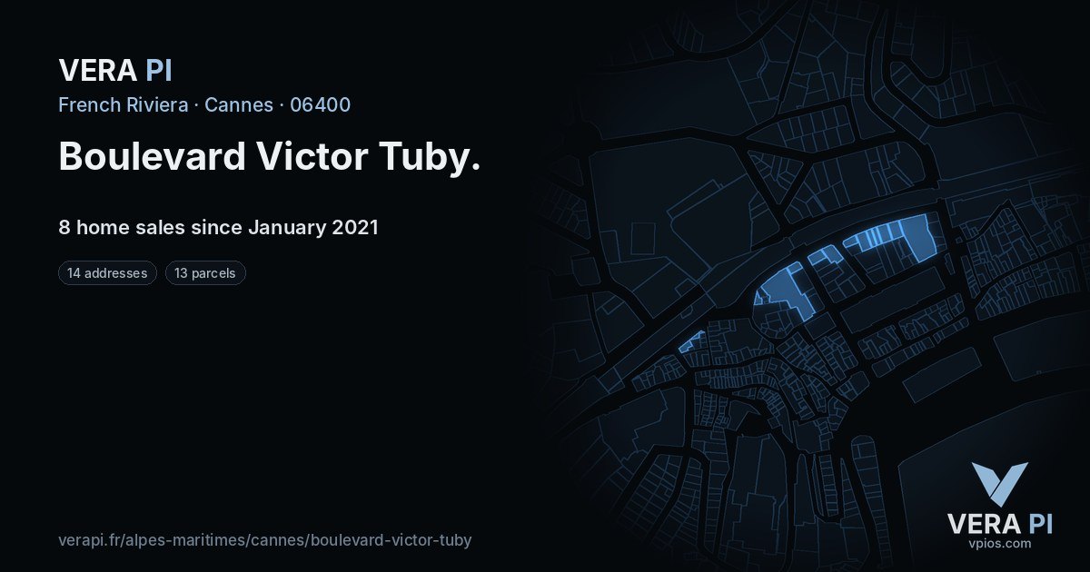 Boulevard Victor Tuby, Cannes at night – every parcel coloured by the prices around it, the street's own parcels lit