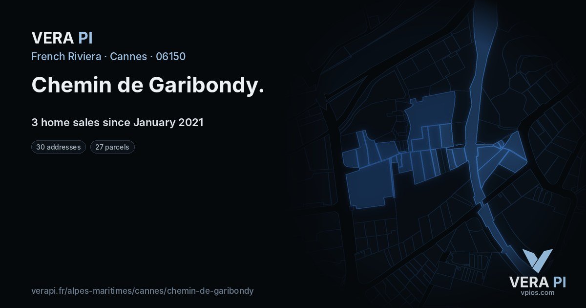 Chemin de Garibondy, Cannes at night – every parcel coloured by the prices around it, the street's own parcels lit