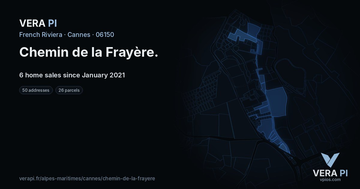 Chemin de la Frayère, Cannes at night – every parcel coloured by the prices around it, the street's own parcels lit