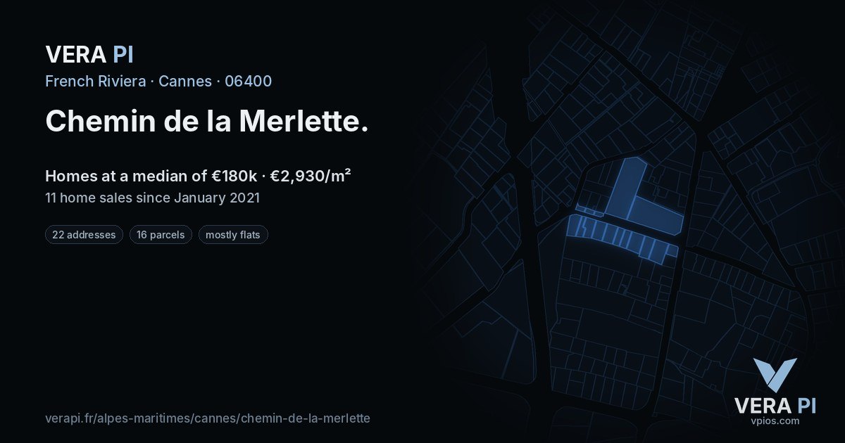 Chemin de la Merlette, Cannes at night – every parcel coloured by the prices around it, the street's own parcels lit