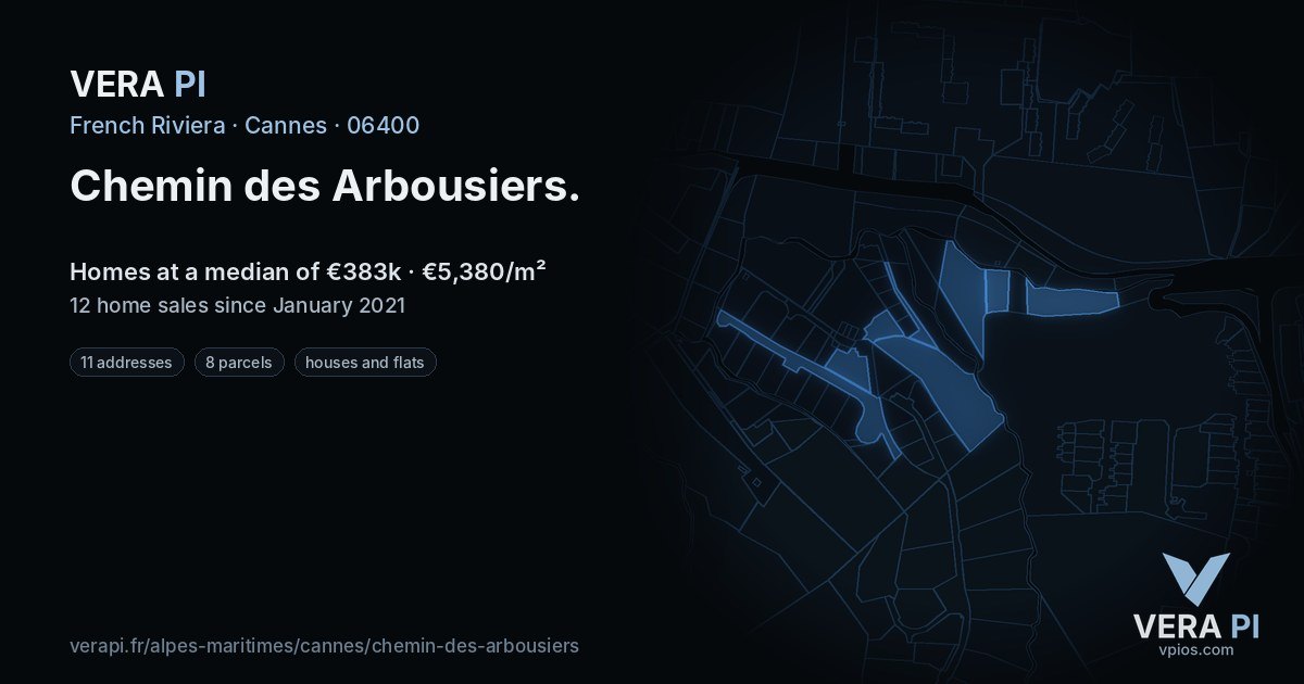 Chemin des Arbousiers, Cannes at night – every parcel coloured by the prices around it, the street's own parcels lit