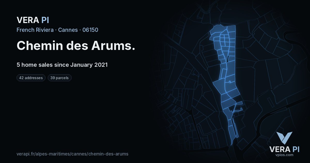 Chemin des Arums, Cannes at night – every parcel coloured by the prices around it, the street's own parcels lit