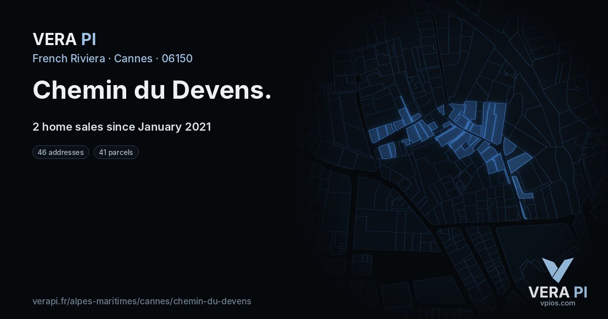 Chemin du Devens, Cannes at night – every parcel coloured by the prices around it, the street's own parcels lit