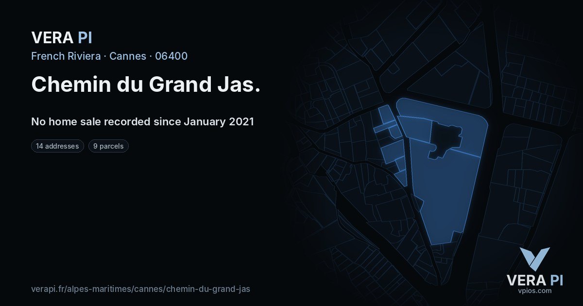 Chemin du Grand Jas, Cannes at night – every parcel coloured by the prices around it, the street's own parcels lit