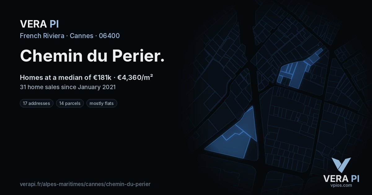 Chemin du Perier, Cannes at night – every parcel coloured by the prices around it, the street's own parcels lit