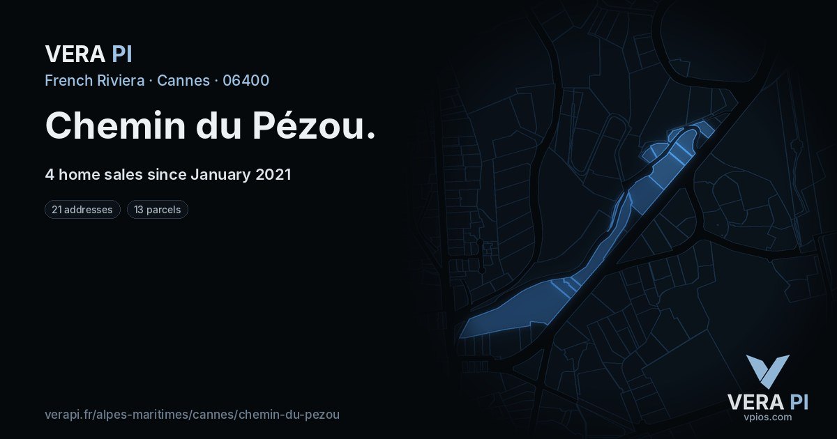 Chemin du Pézou, Cannes at night – every parcel coloured by the prices around it, the street's own parcels lit