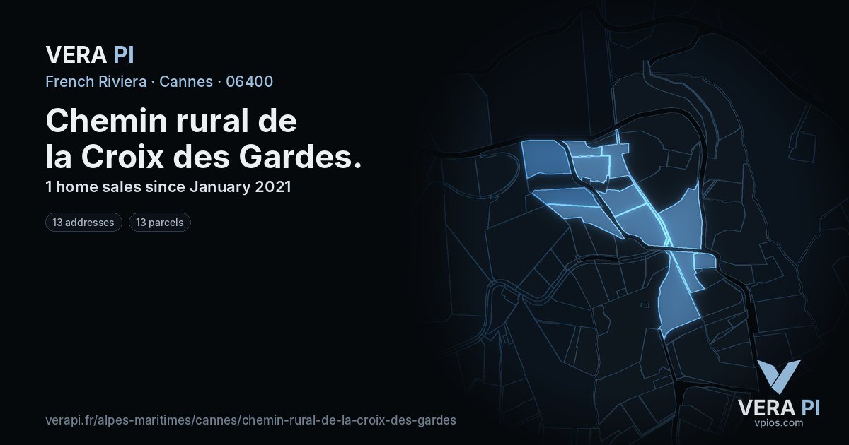 Chemin rural de la Croix des Gardes, Cannes at night – every parcel coloured by the prices around it, the street's own parcels lit