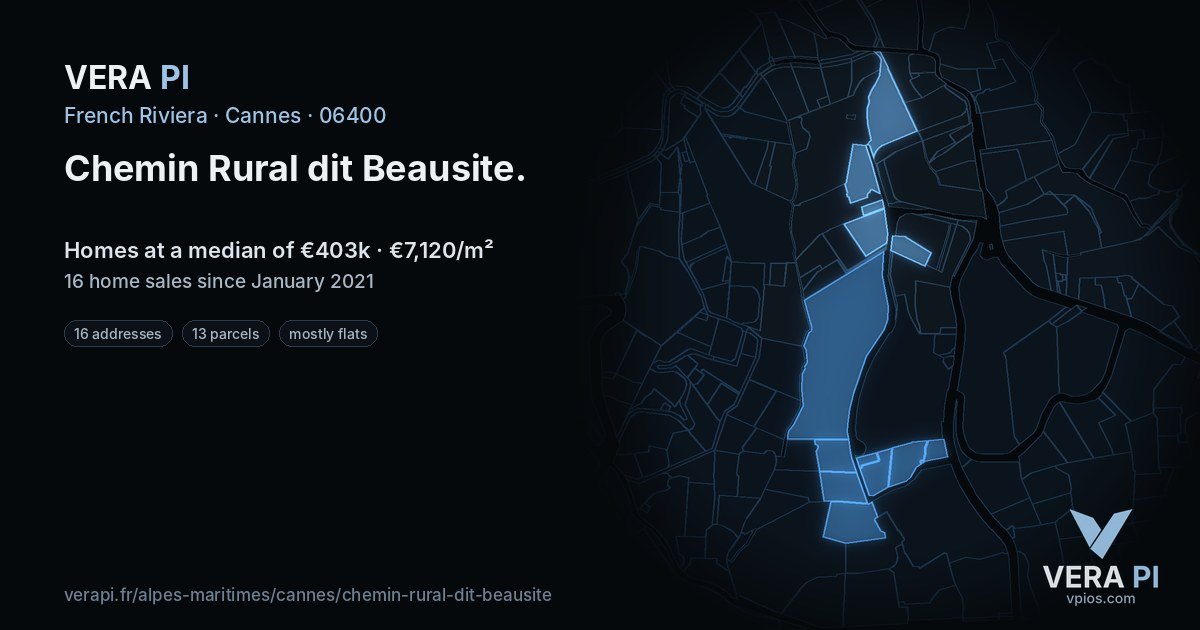 Chemin Rural dit Beausite, Cannes at night – every parcel coloured by the prices around it, the street's own parcels lit
