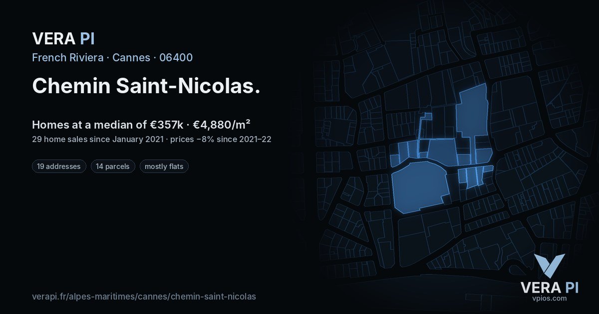 Chemin Saint-Nicolas, Cannes at night – every parcel coloured by the prices around it, the street's own parcels lit