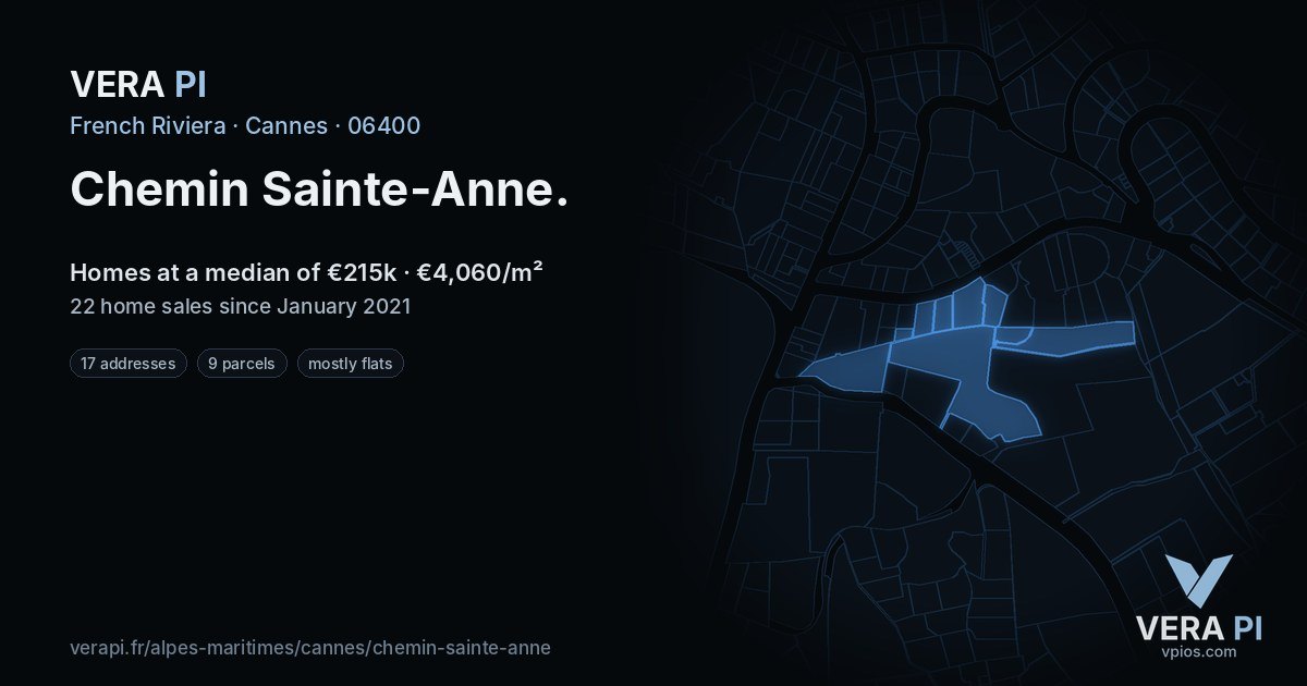 Chemin Sainte-Anne, Cannes at night – every parcel coloured by the prices around it, the street's own parcels lit