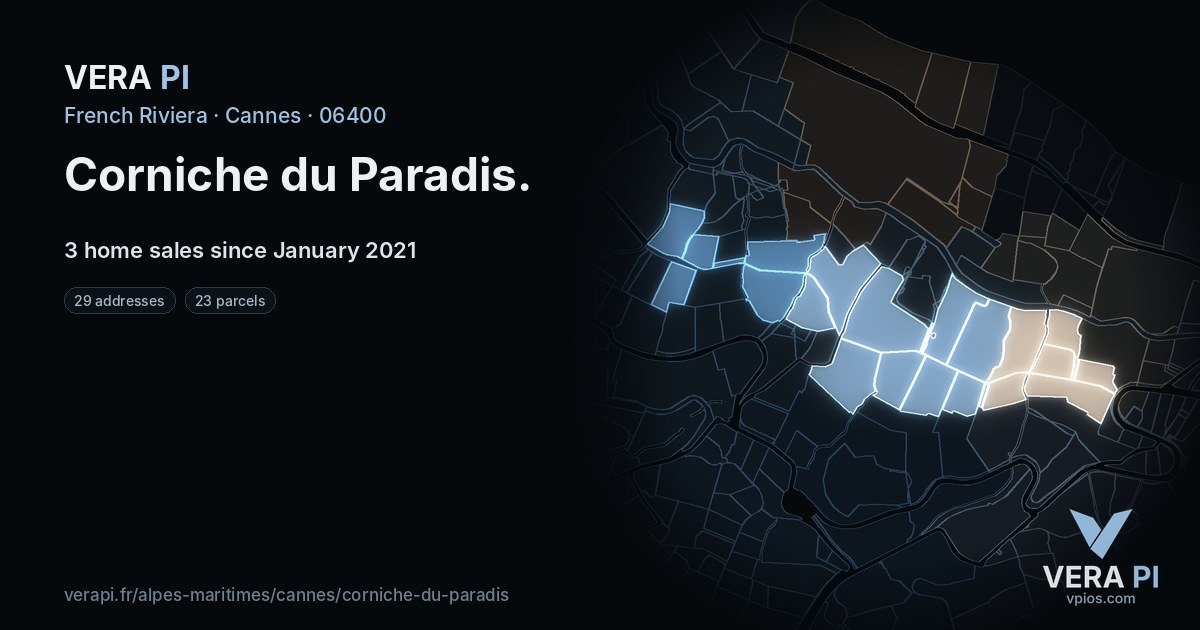 Corniche du Paradis, Cannes at night – every parcel coloured by the prices around it, the street's own parcels lit