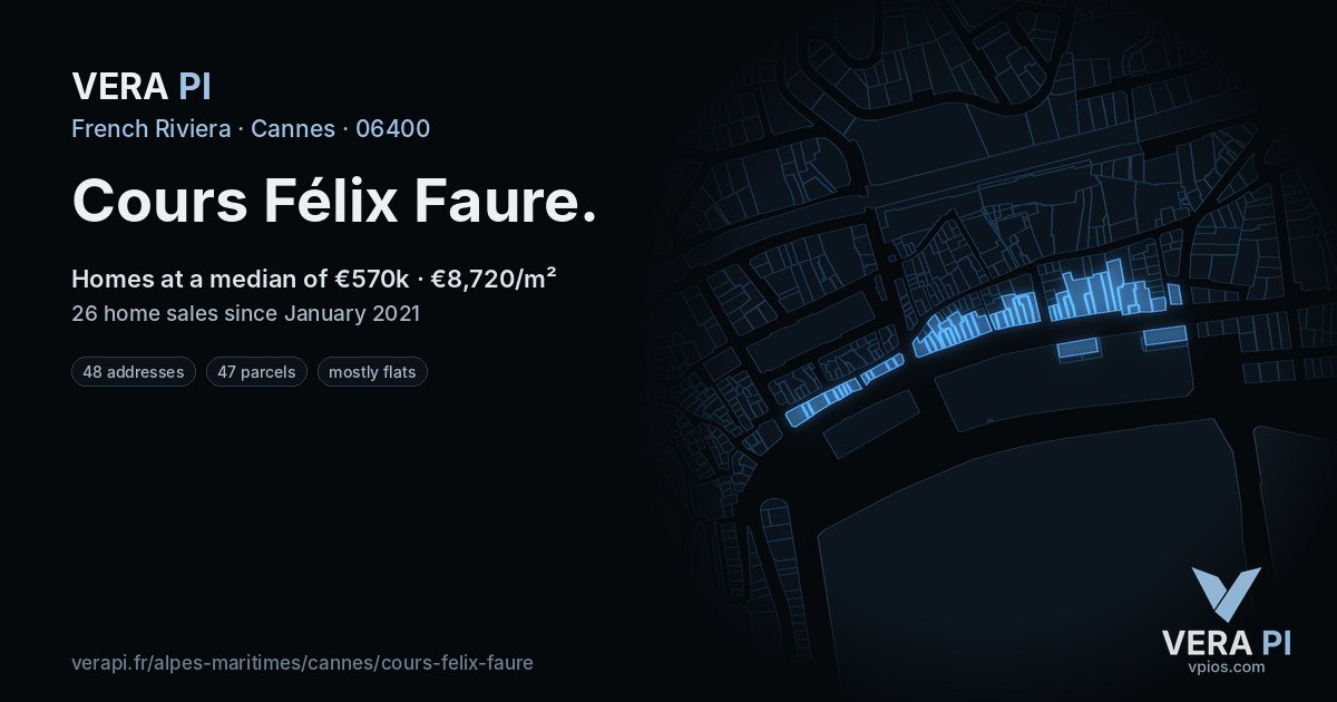Cours Félix Faure, Cannes at night – every parcel coloured by the prices around it, the street's own parcels lit