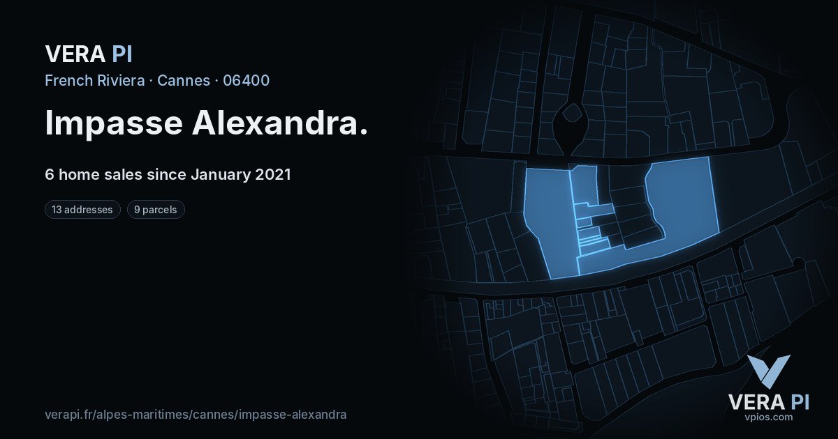 Impasse Alexandra, Cannes at night – every parcel coloured by the prices around it, the street's own parcels lit