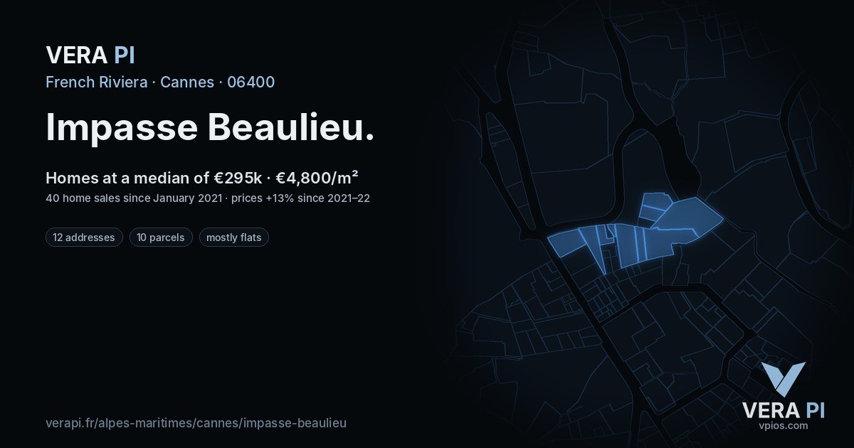 Impasse Beaulieu, Cannes at night – every parcel coloured by the prices around it, the street's own parcels lit