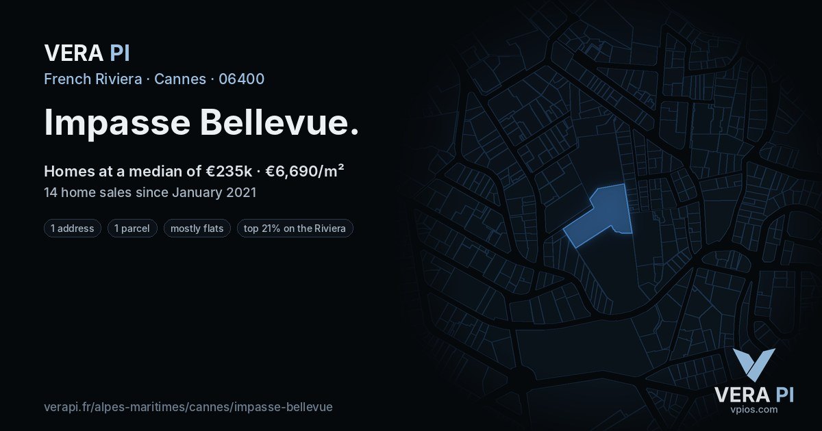Impasse Bellevue, Cannes at night – every parcel coloured by the prices around it, the street's own parcels lit